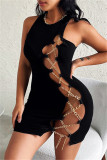 Black Fashion Sexy Solid Hollowed Out Chains O Neck Sleeveless Dress