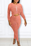 Pink Fashion Casual Print Basic O Neck Long Sleeve Two Pieces