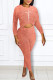 Pink Fashion Casual Print Basic O Neck Long Sleeve Two Pieces