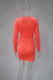 Orange Fashion Sexy Solid Bandage Hollowed Out Draw String V Neck Long Sleeve Dresses