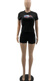 Red Casual Print Patchwork O Neck Short Sleeve Two Pieces