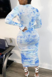 Light Blue Milk. Street Light Blue Long Sleeves O neck skirt Tie and dye Dresses