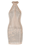 Apricot Sexy Solid Split Joint See-through Hot Drill O Neck Pencil Skirt Dresses