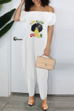 White Casual Print Patchwork Off the Shoulder Loose Jumpsuits