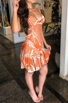 Tangerine Red Sexy Print Hollowed Out Split Joint Spaghetti Strap Printed Dress Dresses