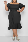 Brown Casual Solid Split Joint Flounce Straight Plus Size Dresses