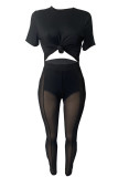 Blue Sexy Solid Patchwork See-through O Neck Short Sleeve Two Pieces