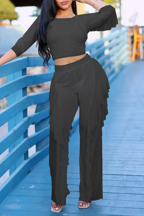Black Sexy Solid Patchwork See-through Flounce O Neck Three Quarter Two Pieces