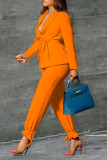 Blue Casual Work Solid Patchwork Turn-back Collar Long Sleeve Two Pieces(Contain The Belt)