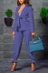 Blue Casual Work Solid Patchwork Turn-back Collar Long Sleeve Two Pieces(Contain The Belt)
