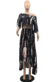 Black Casual Print Patchwork One Shoulder Half Sleeve Two Pieces