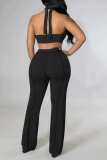 Black Sexy Patchwork Split Joint Halter Sleeveless Two Pieces