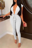 Red Fashion Sexy Solid Bandage Backless V Neck Skinny Jumpsuits