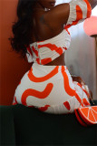 Orange Fashion Sexy Print Backless Asymmetrical Strapless Short Sleeve Two Pieces