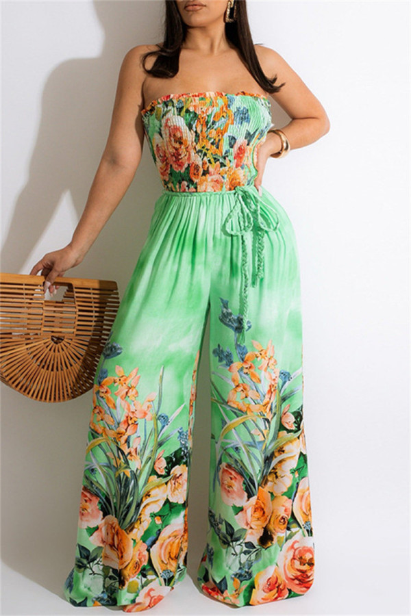 Green Fashion Sexy Print Backless Strapless Regular Jumpsuits