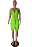 Red Fashion Sexy Solid Bandage Slit V Neck Vest Dress