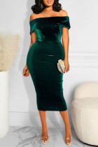 Green Elegant Solid Split Joint Off the Shoulder One Step Skirt Dresses