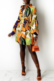 Multicolor Fashion Casual Print Without Belt Turndown Collar Long Sleeve Shirt Dress