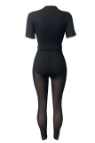 Blue Sexy Solid Patchwork See-through O Neck Short Sleeve Two Pieces