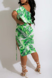 Green Fashion Sexy Print Draw String Frenulum Slit Off the Shoulder Two Pieces