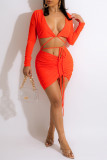 Orange Fashion Sexy Solid Bandage Hollowed Out Draw String V Neck Long Sleeve Dresses