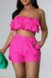 Rose Red Sexy Casual Solid Backless Strapless Sleeveless Two Pieces
