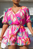 Red Sweet Print Bandage Patchwork Flounce V Neck Rompers