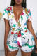 White Fashion Casual Print Bandage V Neck Short Sleeve Regular Romper