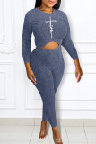 Pink Fashion Casual Print Basic O Neck Long Sleeve Two Pieces
