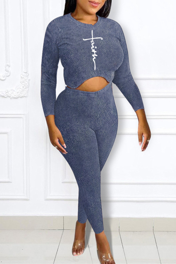 Blue Fashion Casual Print Basic O Neck Long Sleeve Two Pieces