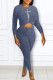 Blue Fashion Casual Print Basic O Neck Long Sleeve Two Pieces