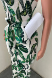 Red Sexy Print Patchwork Strapless Straight Jumpsuits
