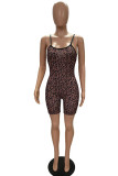 Coffee Sexy Print Leopard Patchwork Spaghetti Strap Regular Rompers
