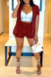Red Casual Striped Patchwork Turndown Collar Short Sleeve Two Pieces