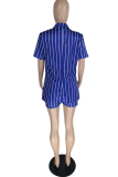 Red Casual Striped Patchwork Turndown Collar Short Sleeve Two Pieces