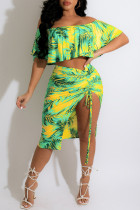 Yellow Fashion Sexy Print Draw String Frenulum Slit Off the Shoulder Two Pieces