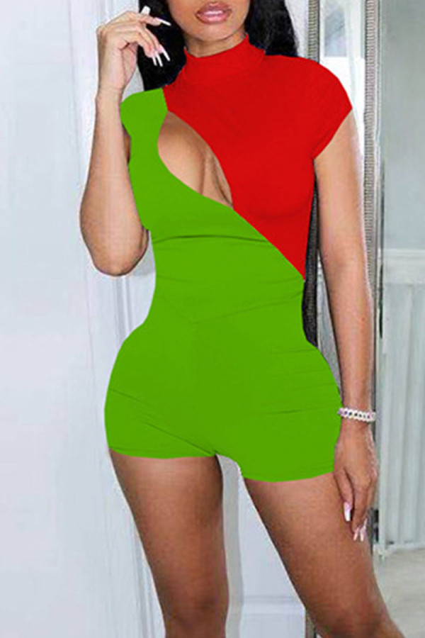 Fluorescent Green Sexy Solid Hollowed Out Patchwork O Neck Regular Rompers