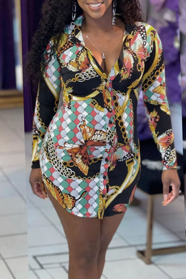 Multicolor Sexy Print Patchwork Buckle Turndown Collar Shirt Dress Dresses