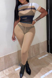 Pink Fashion Sexy Patchwork See-through O Neck Short Sleeve Two Pieces
