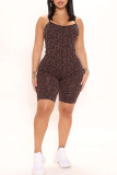 Coffee Sexy Print Leopard Patchwork Spaghetti Strap Regular Rompers