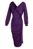 Purple Sexy Solid Hollowed Out V Neck Pencil Skirt Dresses