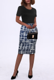 Blue Casual Print Patchwork O Neck Pencil Skirt Dresses