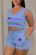 Light Blue Fashion Sportswear Print Letter U Neck Sleeveless Two Pieces
