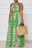 Army Green Sexy Print Patchwork Backless Halter Straight Jumpsuits