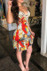 Red Sexy Print Hollowed Out Split Joint Spaghetti Strap Printed Dress Dresses