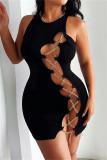Black Fashion Sexy Solid Hollowed Out Chains O Neck Sleeveless Dress