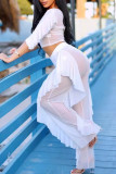Pink Sexy Solid Patchwork See-through Flounce O Neck Three Quarter Two Pieces