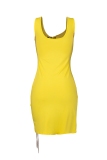 Yellow Sexy Solid Hollowed Out Square Collar Pencil Skirt Dresses