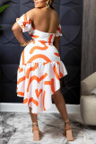 Orange Fashion Sexy Print Backless Asymmetrical Strapless Short Sleeve Two Pieces