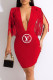 Red Fashion Sexy Print Tassel Letter V Neck One Step Skirt Dresses